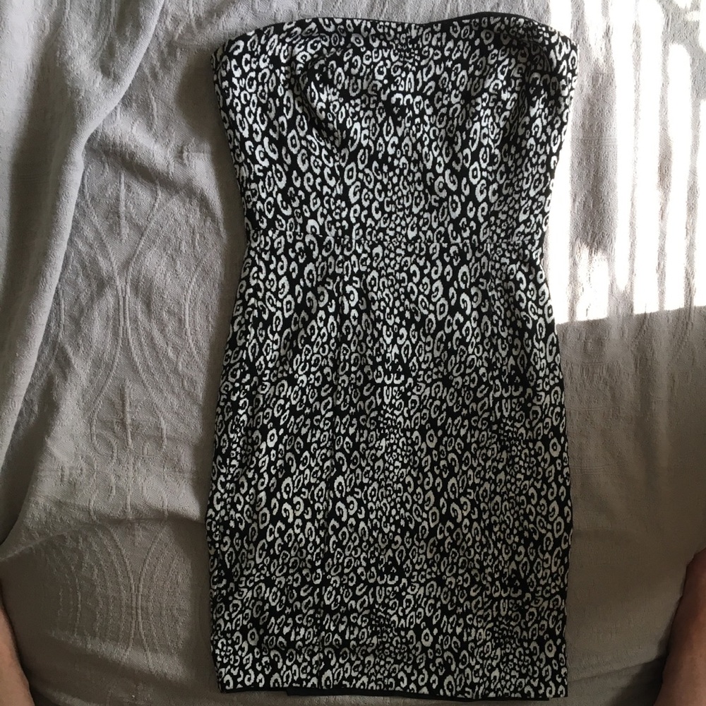 TrinaTurk black and white leopard strapless dress.